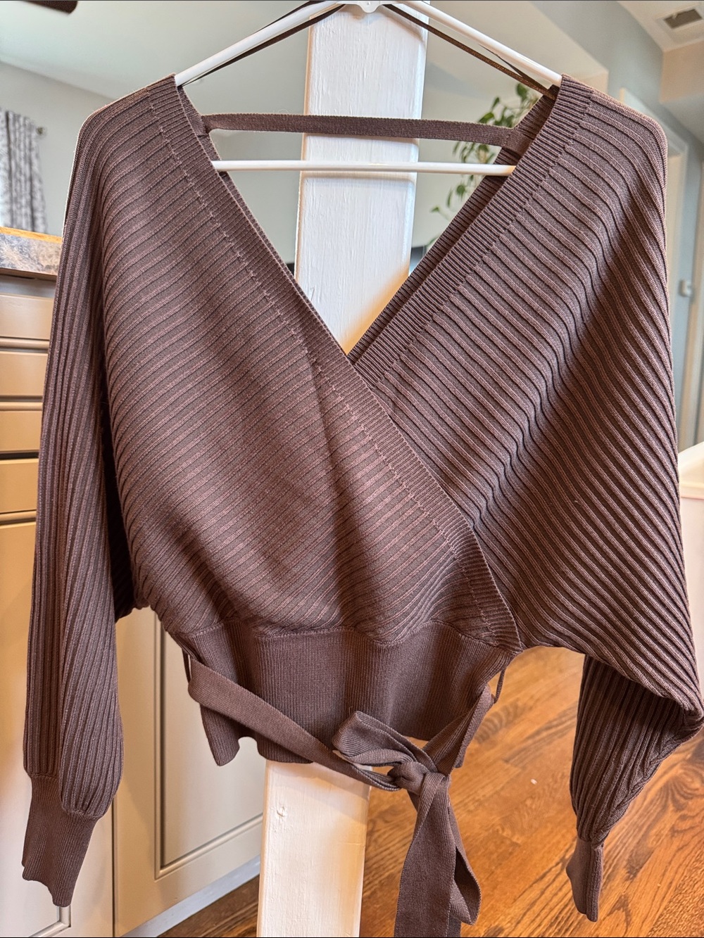 Love Tree Brown Ribbed Wrap V-Neck Tie Waist Sweater